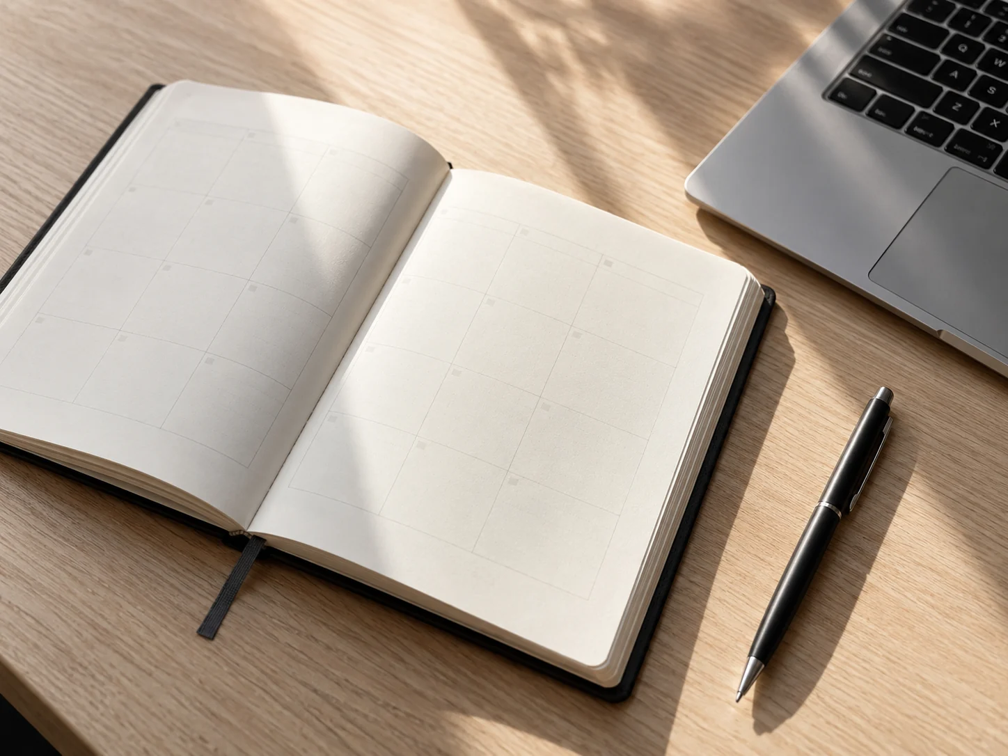 Agenda de trabalho, teclado e caneta em uma mesa