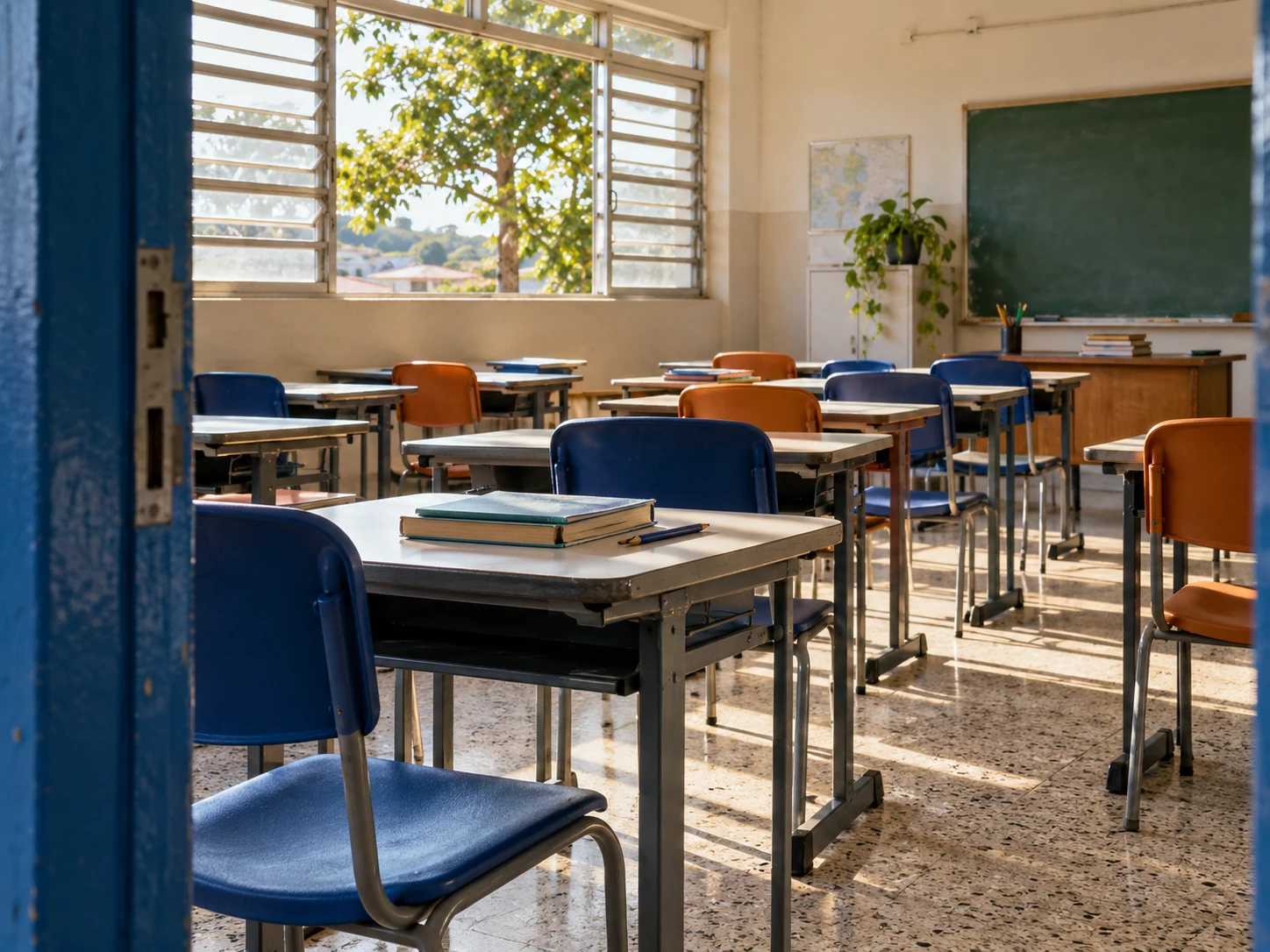 Sala de aula iluminada pela manhã, com carteiras, livros e cadeiras azuis e terracota